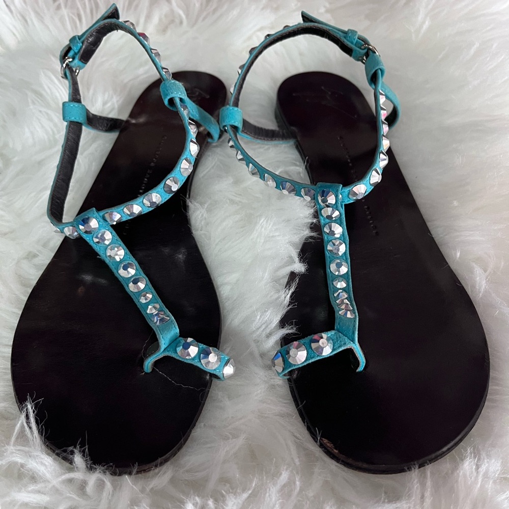 Giuseppe Zanotti Size 39 flat sandals blue suede straps adjustable ankle strap - Picture 4 of 13